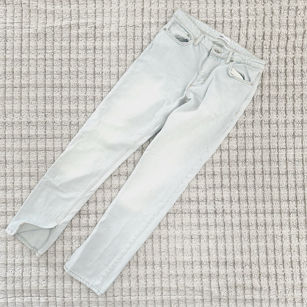 Zara Light Wash Straight Leg Split Hem Jeans
